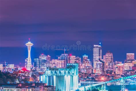 Seattle Cityscape At Night With Traffic Light On Freewaywashingtonusa