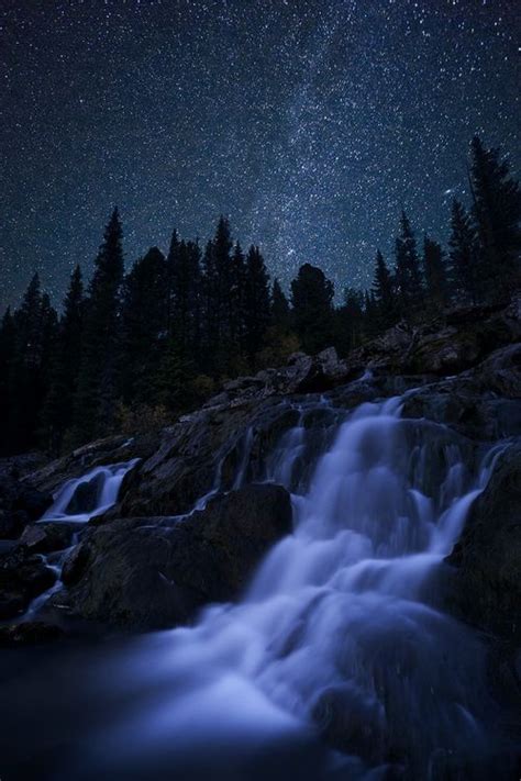 Starry Night Scenery Landscape Waterfall