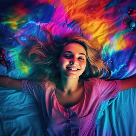 Premium Ai Image A Woman With Colorful Shirt Laying On Colorful Sheets