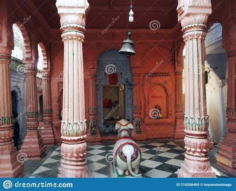 Varanasi India Interior Of A Hindu Temple With Pillars Stone Diety