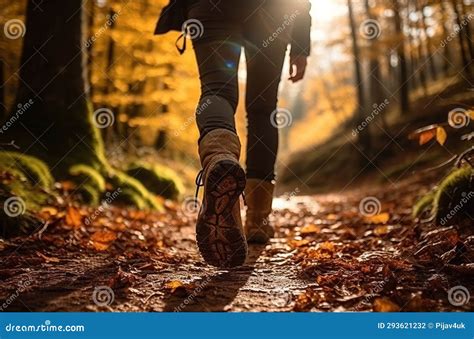 Sports Shoe And Legs On Rock Trail Hiker Trekking Or Walking Of