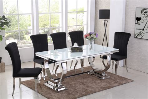 Limited time sale easy return. Chrome and white glass dining table & 6 black chairs ...