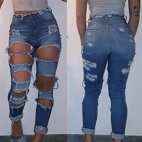 Summer Style Ripped Jeans Women Grinding Big Hole High Waist Denim