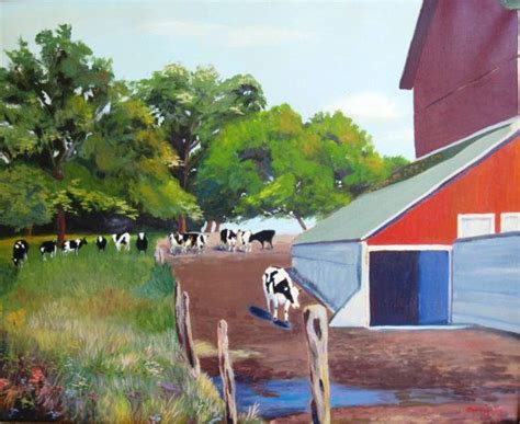 Vintage Original Oil Painting Of Farm Scene With Cows And Barns Framed