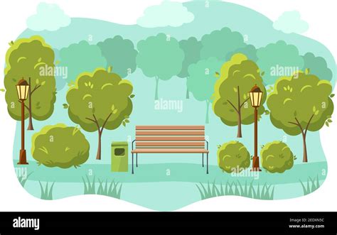 Beautiful Summer City Park With Green Trees Bench Lantern And Walkway Vector Illustration