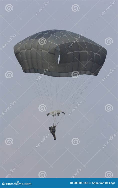 A Paratrooper Coming Down On A Parachute Stock Photo Image Of Forces