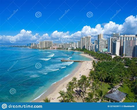 Panoramic Drone Aerial Views Of Waikiki Beach Honolulu Hawaii Stock