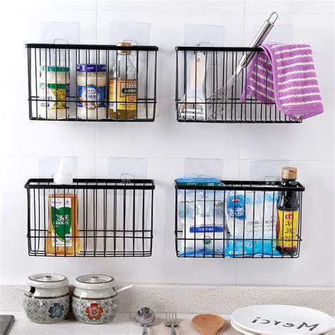 Self Adhesive Iron Storage Basket Bathroom Sundries Wall Storage Rack