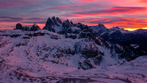 Download Wallpaper 1920x1080 Mountain Snow Peaks Sunset Tre Cime Di