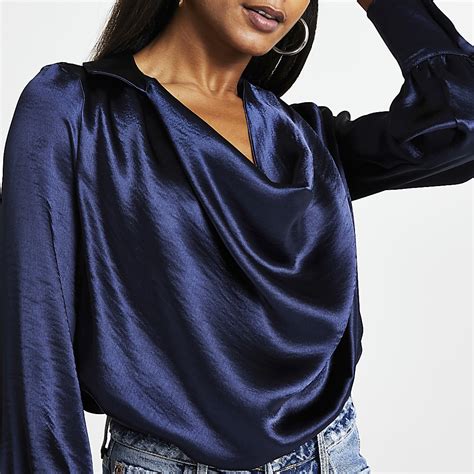 Navy Satin Cowl Neck Long Sleeve Top River Island