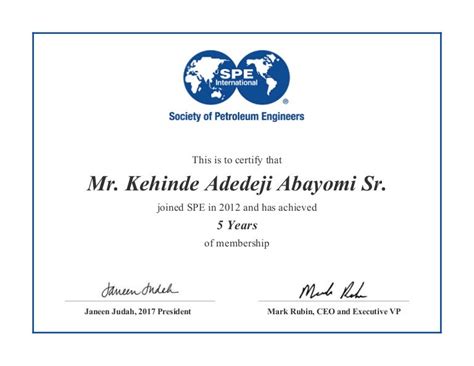 Spe Membership 5 Years Service Award Certificate For 4051576