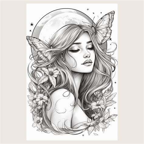 Printable Coloring Page Fantasy Floral Girl Portrait