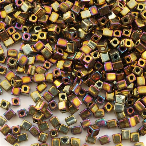 Miyuki 3mm Cube Seed Bead Metallic Gold Iris 462 Aura Crystals Llc
