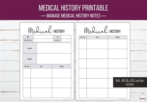 Medical History Chart Printable Health History Printable Etsy