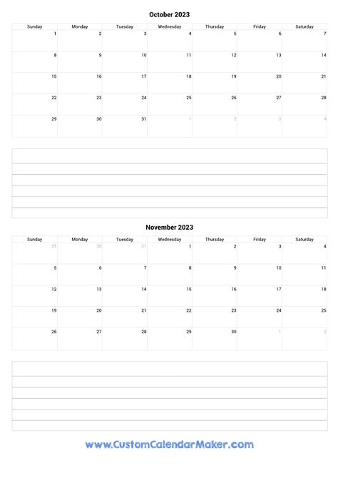 October To November 2023 Calendar Template With Notes