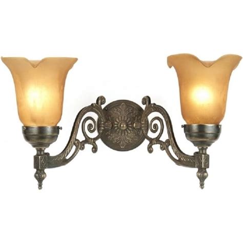 Victorian Style Aged Brass Double Wall Light With Amber Glass Shades