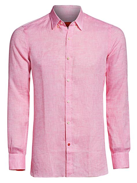 Isaia Mens Solid Linen Button Down Shirt Pastel Pink In Pink For Men