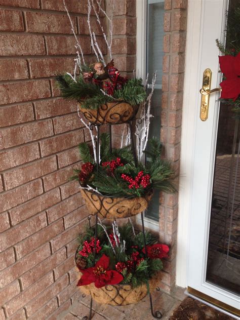 Three Tier Planter Decorated For Christmas On Front Porch Christmas