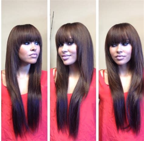 Full Sew In Weave With Bangs And Fringed Layers Minimal Hair Was Left Out To Cover The Tracks