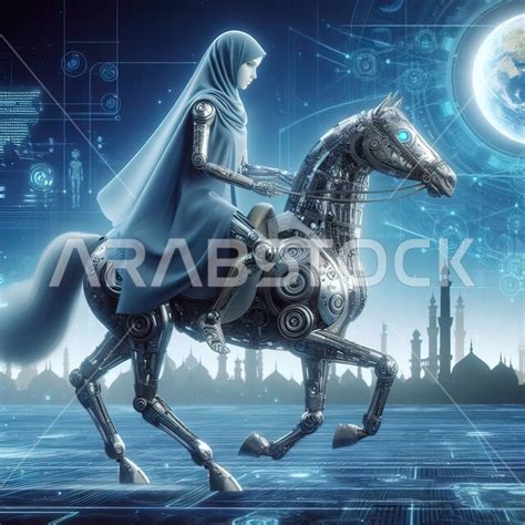 سايبورغ إمرأة مسلمة محجبة تمتطي حصان روبوت ذكي تصاميم ثلاثية الأبعاد