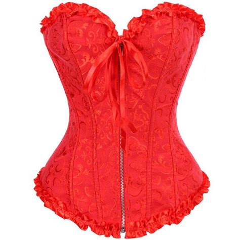 Buy Sexy Zipper Front Satin Jacquard Overbust Corset Lace Up Boned Shaperwear