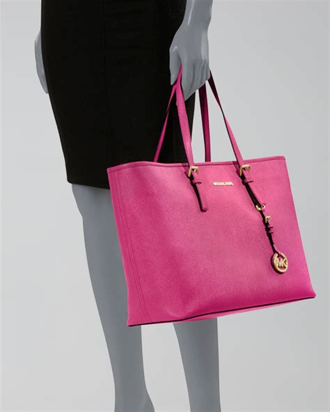 Michael Michael Kors Jet Set Travel Medium Texturedleather Tote In Pink