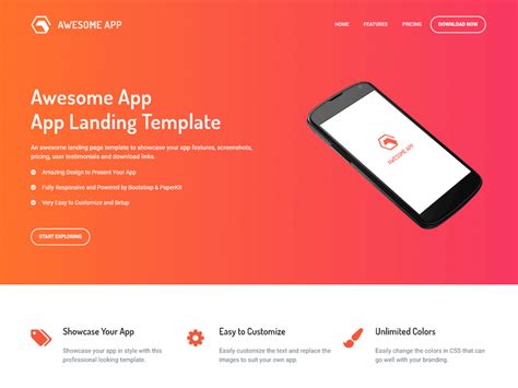 This app landing page template has all the prerequisites you need to convince your newly acquired customers to get interested in your mobile app or product. Awesome App: App Landing Page Template built with ...