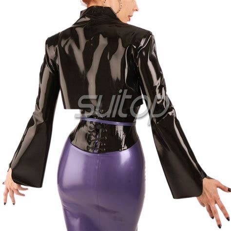 Suitop Fashional Womens Rubber Latex Long Mandarin Sleeve Jacket With