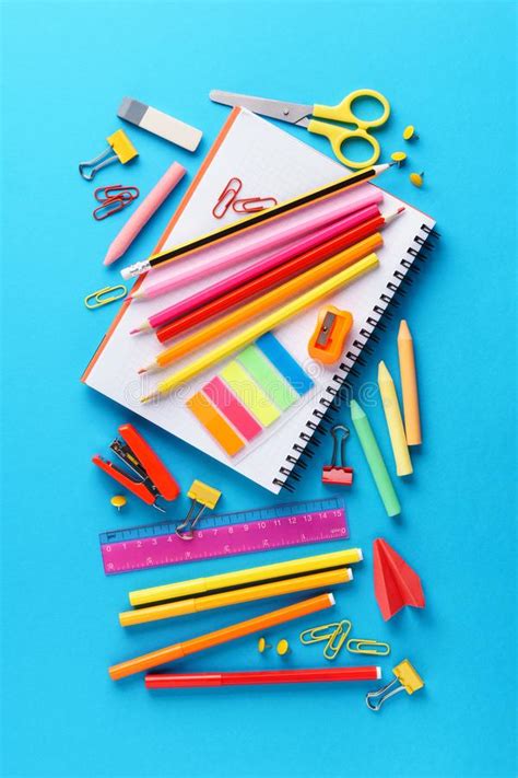 Various Colorful Stationery On Blue Background Back To School Stock