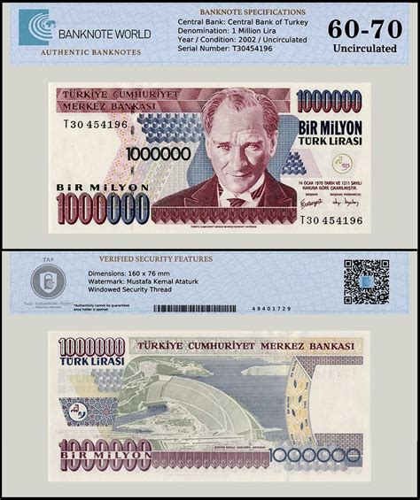 Turkey Million Lira Banknote L Nd P A Unc Prefix