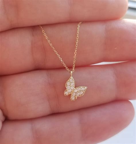 Butterfly Necklace 14K Solid Yellow Gold Butterfly Necklace Diamond
