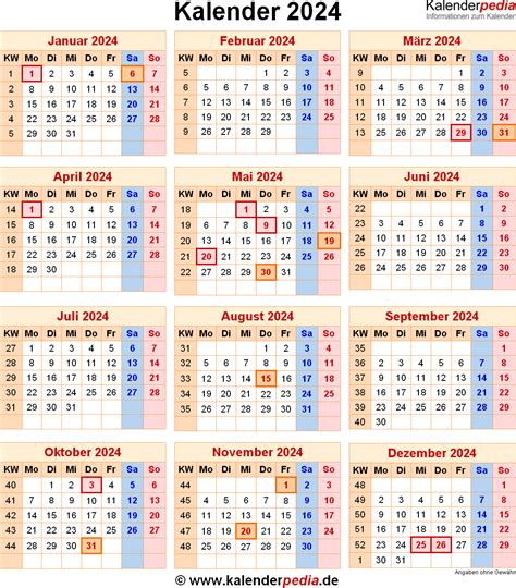 Kalender 2024 Mit Excelpdfword Vorlagen Feiertagen Ferien Kw