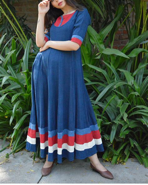 Indigo Flared Maxi With Red Yoke And Borders By Silai The Secret Label