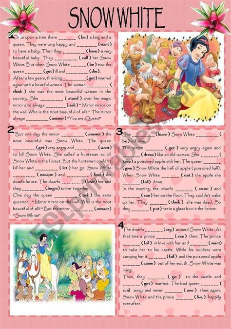 As a teaching tools for values education. Story of SNOW WHITE AND SEVEN DVARFS. Simple past tense ...