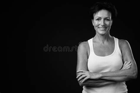 Portrait Of Happy Mature Beautiful Woman With Short Hair Stock Image Image Of Beautiful