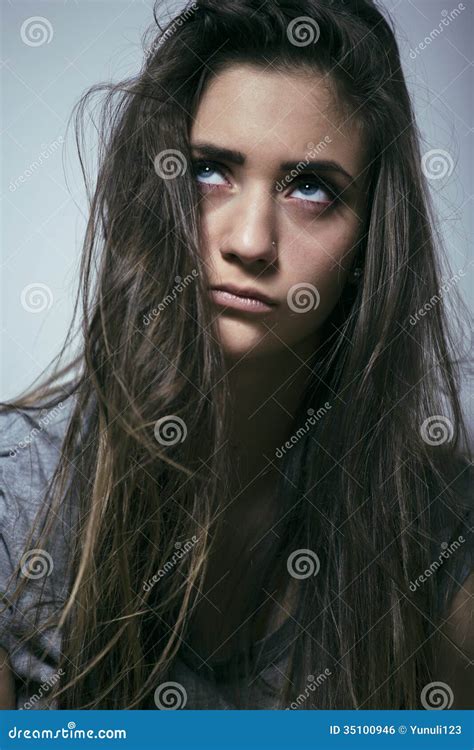 Problem Depressioned Teenage With Messed Hair And Sad Face Stock Photo