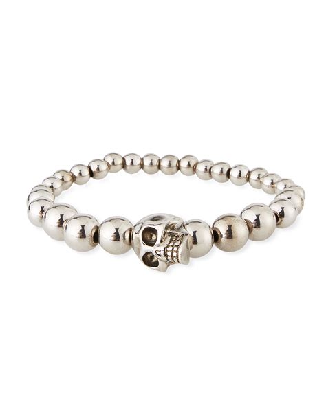 Alexander Mcqueen Mens Skull And Bead Bracelet Silver Neiman Marcus