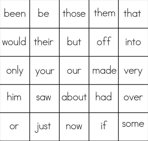 Sight Word Bingo Card 3 List 4