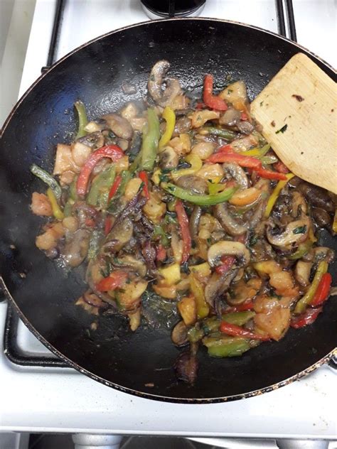 Stir frying is the best! Alkaline stir fry Walnut mushroom red,yellow and green peppers red onions plum tomatoes agave ...