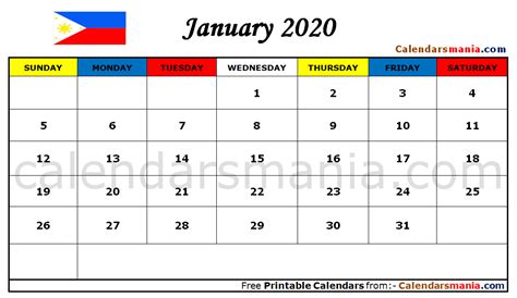 January 2020 Calendar Philippines Calendar Word Excel Calendar Blank