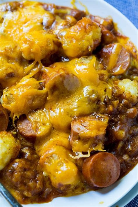 Add the heated beans to a 9 x 13 casserole dish. Cheesy Hot Dog Tater Tot Casserole | Recipe | Easy ...