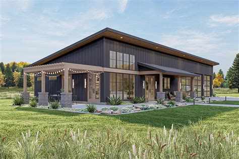 2 Bed Barndominium Style House Plan With Covered Patio And 3 Car Garage