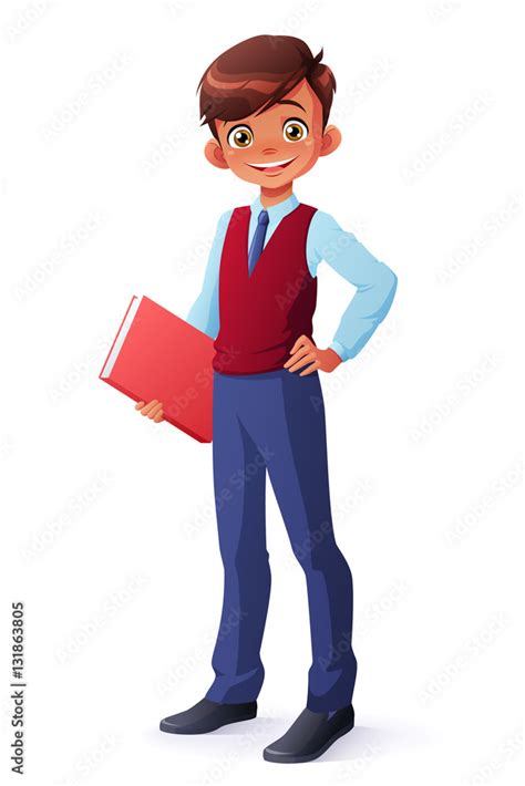 Cute And Clever Smiling Young Student Boy In School Uniform Standing