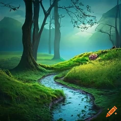 Photo Of An Enchanted Evening Landscape With A Magical Forest