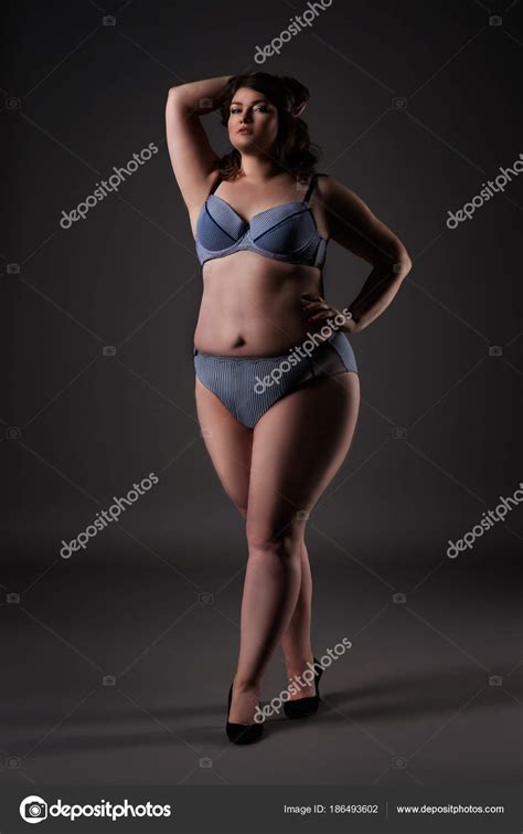 Plus Size Sexy Model In Underwear Fat Woman On Gray Background Overweight Female Body Stock