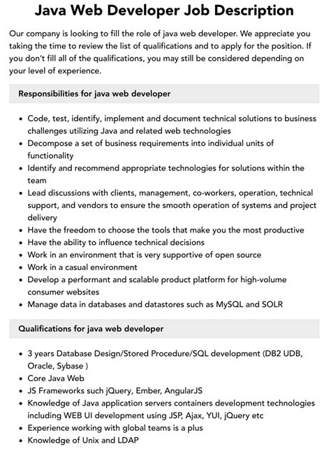 Java Web Developer Job Description Velvet Jobs