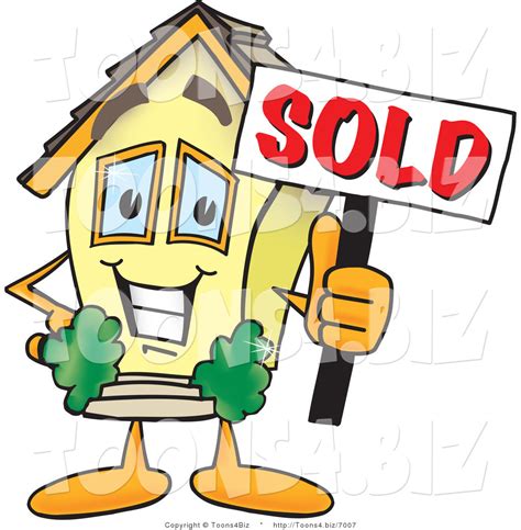 Vector Illustration Of A Happy Home Mascot Holding Sold Sign By