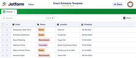 Event Schedule Template Jotform Tables