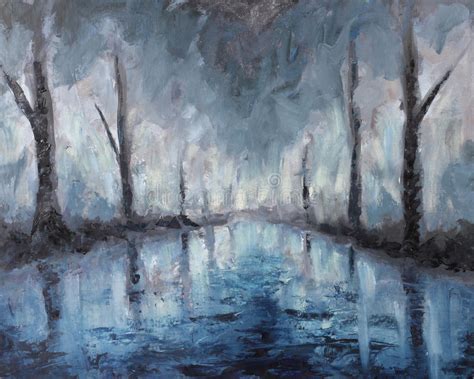 Night Abstract Landscape Oil Painting Reflection Of Trees