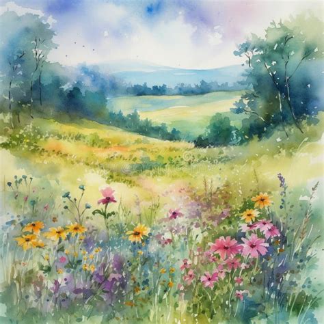 Watercolor Field Of Wildflowers Stock Illustration Illustration Of